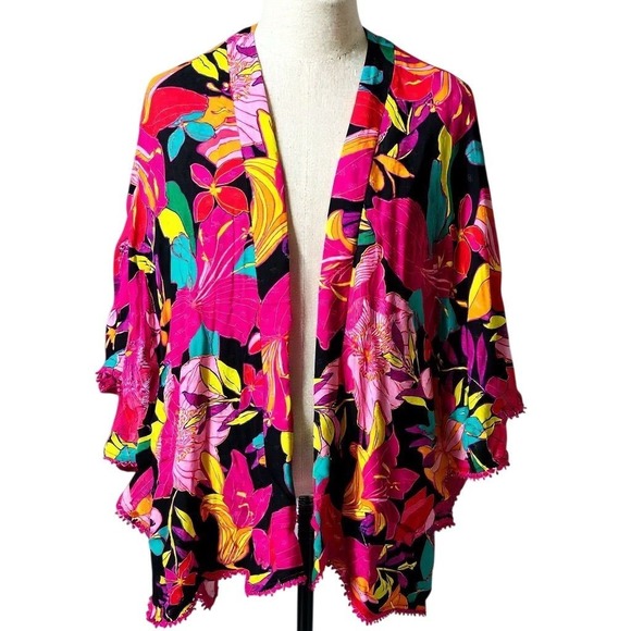 Trina Turk Other - NEW Trina Turk Floral Kimono Swim Cover Up Pom Pom Trim OSFM Multicolor